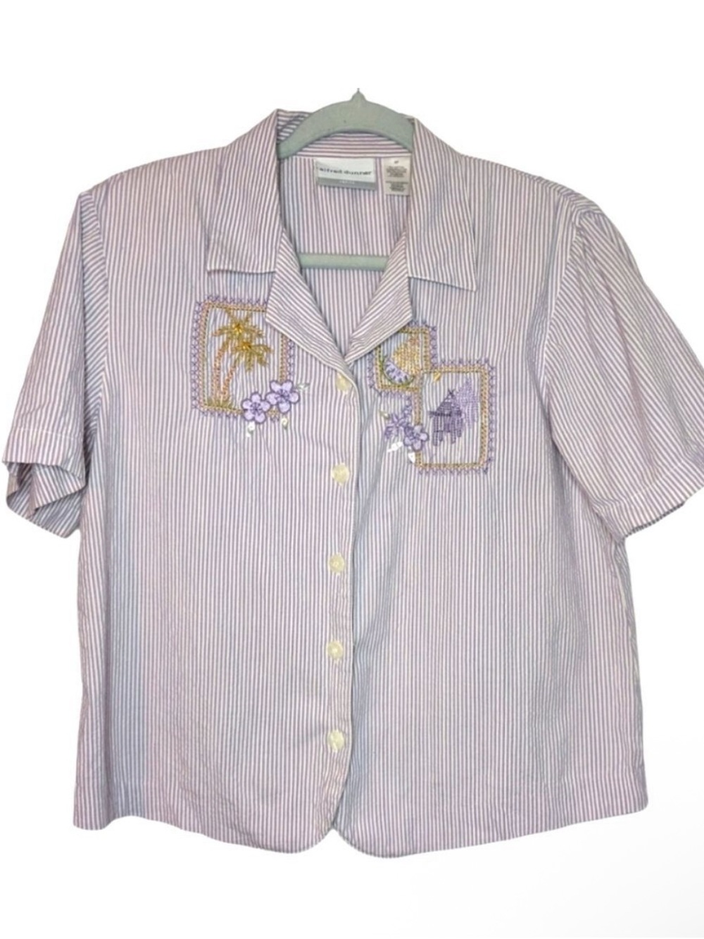 Women's Alfred Dunner Purple and White Striped Button Up | Embroidered & Beaded